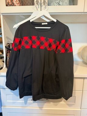 Black Sweatshirt with Red Buffalo Plaid Accent